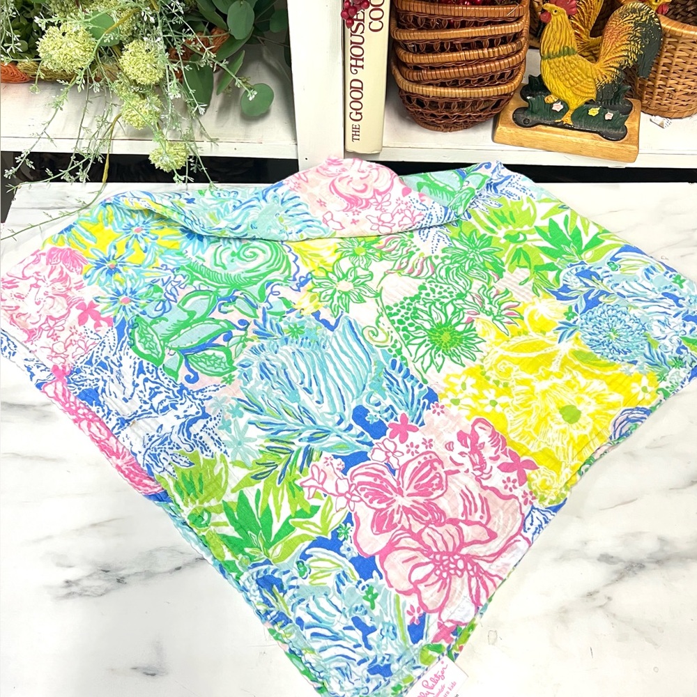 Lilly Pulitzer Pottery Barn organic cotton blanket pink blue yellow